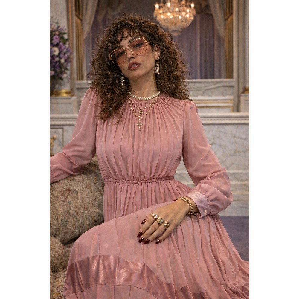 In The Mood Vintage Pink Pleated Midi Dress Satin‎ Trim Long Sleeve Womens 16